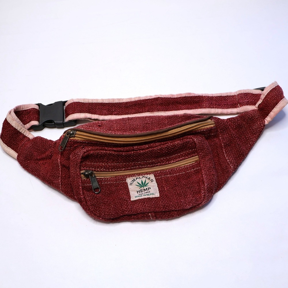 Himalayan Hemp Fanny Pack Maroon Red Waist Bag‎ Nepal Boho Festival Hip Bag